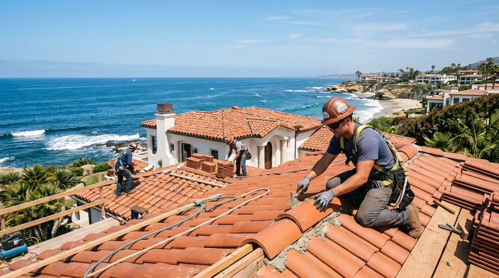 A crew setting clay barrel tile on a hillside roof above the California coast