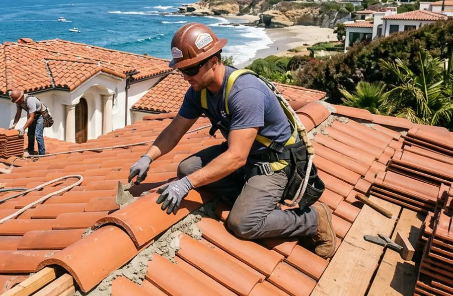 A roofer bedding a ridge tile in mortar
